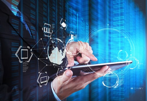 Double exposure of businessman shows modern technology as concept.