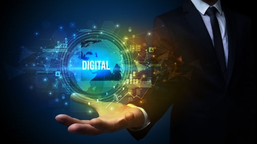 Businessperson holding a glowing digital globe labeled "DIGITAL," surrounded by tech icons and data visuals, representing global digital transformation and AI-powered communication